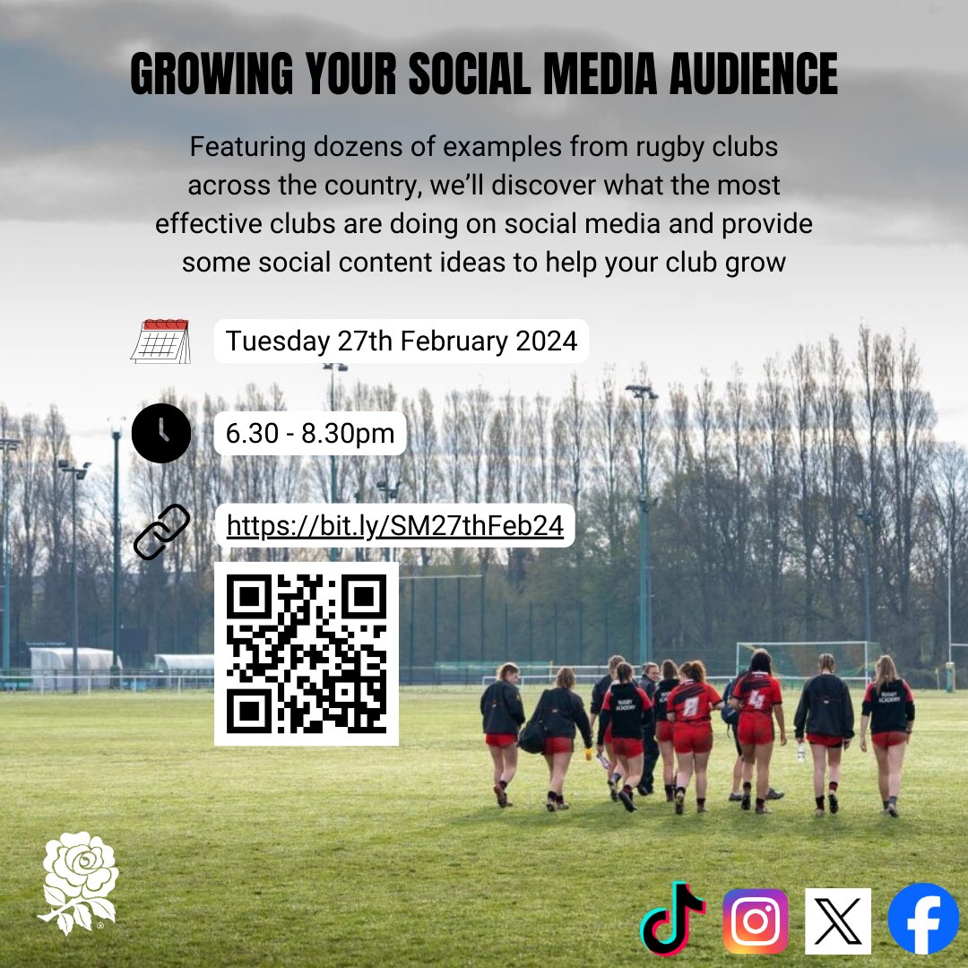 RFUMidsClubSup's tweet photo. 📢GROW YOUR SOCIAL MEDIA 📢

Is your club looking to grow in this vital area?

📅Tues 27th Feb - 6:30 - 8:30pm

Click on the link or scan the QR code to register
⬇️ ⬇️ ⬇️ ⬇️ ⬇️ ⬇️ ⬇️ ⬇️

https://t.co/qiliVClb2D https://t.co/BWVQGyG1Is