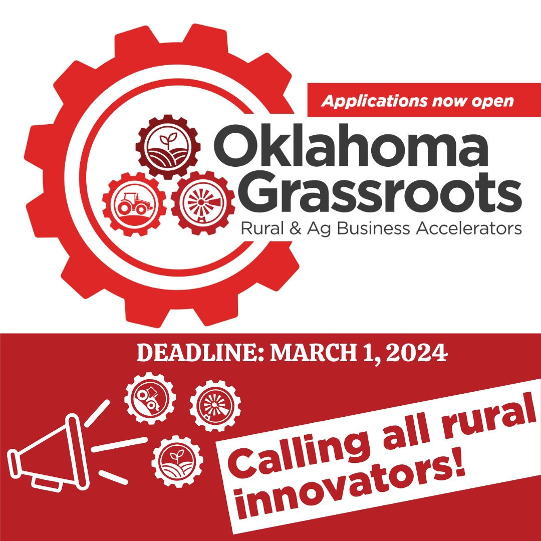Apply now for the 2024 Oklahoma Grassroots Rural and Ag Business Accelerators program! Link>> okfb.news/Accelerator24 for details on our rural development initiative. Deadline: March 1, 2024. Share with all founders from Oklahoma communities of 50,000 individuals or less!