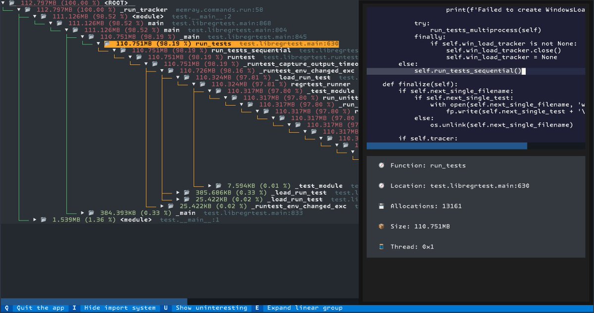 🚀 Exciting News! 🚀 memray 1.11.0 is out now! 🎉 Packed with bug fixes, performance boosts, and a sleek redesign of the memray live UI and memray tree reporter using the awesome textual library. Check out the cool new features and improvements! pypi.org/project/memray/