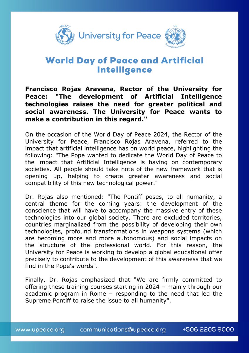 UPEACE's tweet photo. Unveil the Impact of AI on Global Peace AI plays a pivotal role in conflict resolution, with stats showing a significant reduction in incidents. 

At UPEACE, we champion AI as a vital ally in promoting global harmony. Let's build a future where innovation breeds lasting peace! https://t.co/b8Wqt5Mxgt