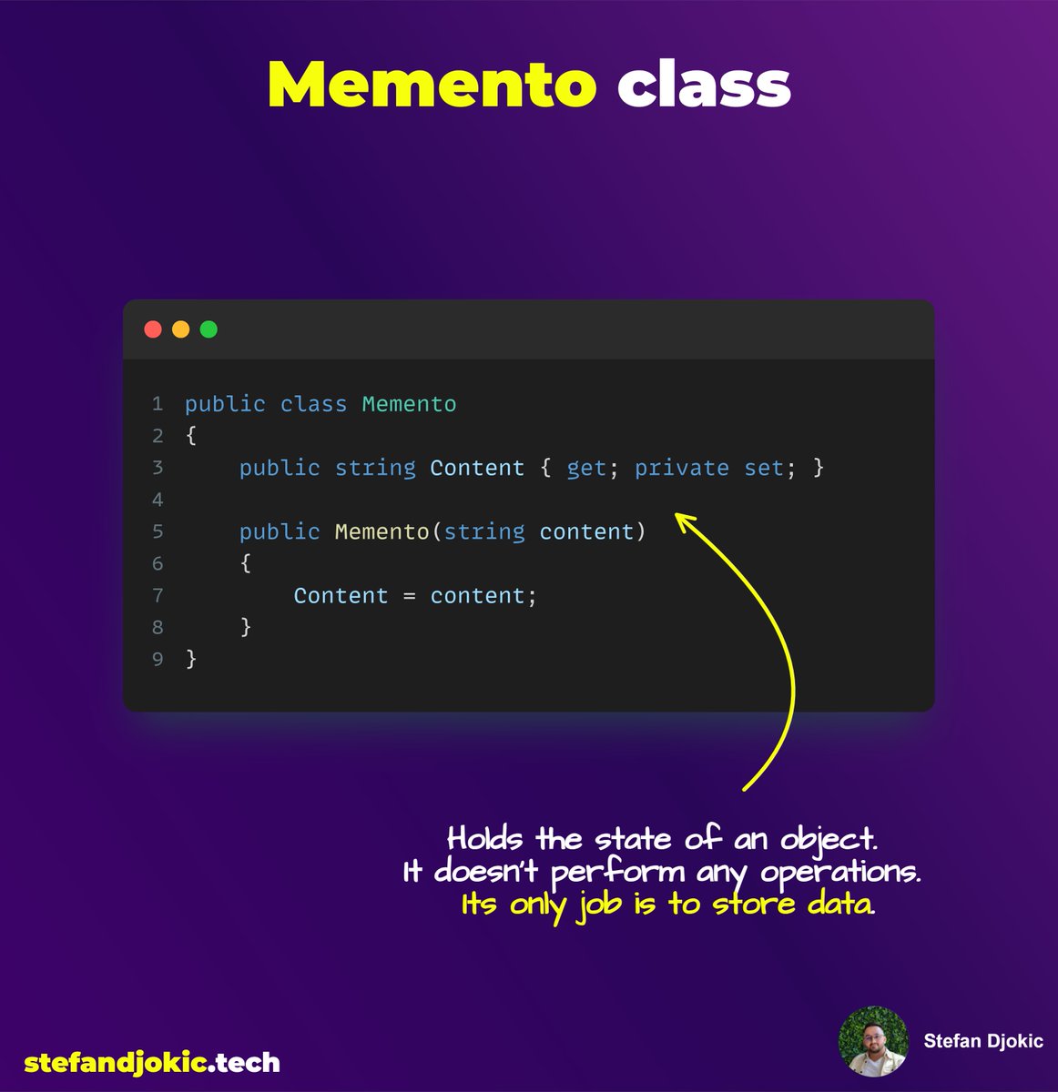 TheCodeMan__'s tweet image. How to implement the Undo feature?
You can use the Memento Design Pattern 👇 
The Memento pattern is a behavioral design pattern that allows an object to save its state and restore it later. 
The main idea is to provide the ability to restore an object to its previous state,…