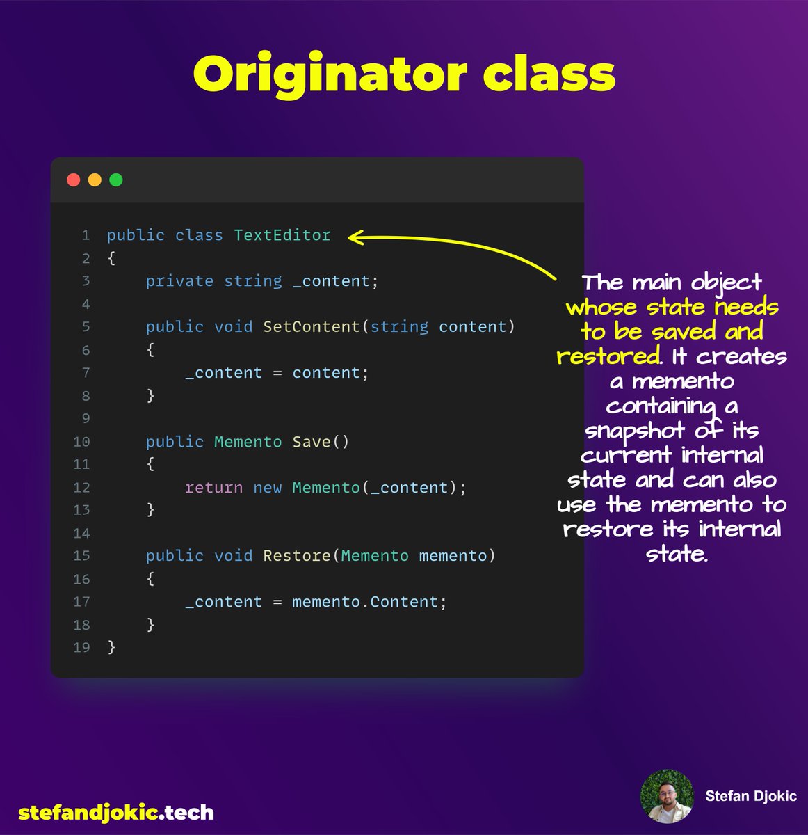 TheCodeMan__'s tweet image. How to implement the Undo feature?
You can use the Memento Design Pattern 👇 
The Memento pattern is a behavioral design pattern that allows an object to save its state and restore it later. 
The main idea is to provide the ability to restore an object to its previous state,…