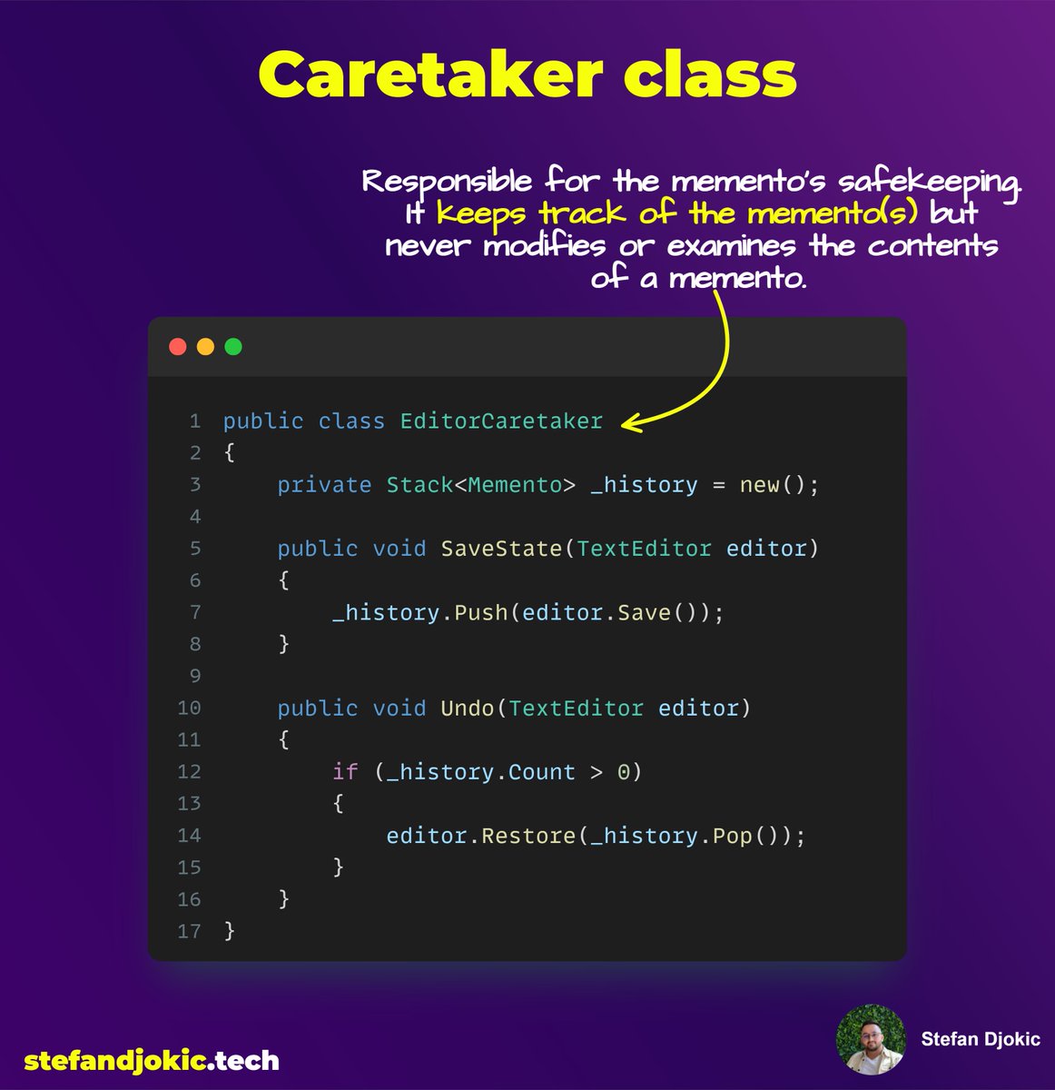 TheCodeMan__'s tweet image. How to implement the Undo feature?
You can use the Memento Design Pattern 👇 
The Memento pattern is a behavioral design pattern that allows an object to save its state and restore it later. 
The main idea is to provide the ability to restore an object to its previous state,…