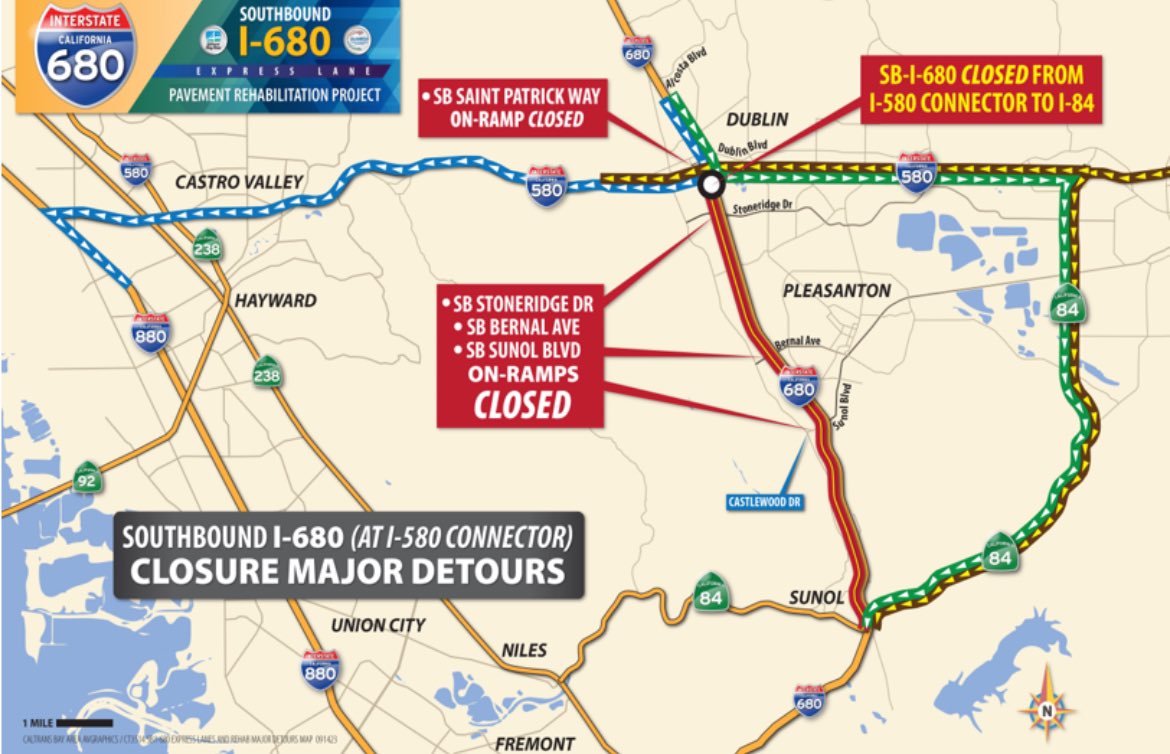 CHPDublin's tweet photo. Caltrans will close I-680 in #Pleasanton between the I-580/I-680 connector and SR-84 from 9 p.m. Jan. 12th to 5 a.m. Jan. 16th to repair deteriorated pavement. More info: https://t.co/E3QT1RbhKW https://t.co/4mHYxwfLer