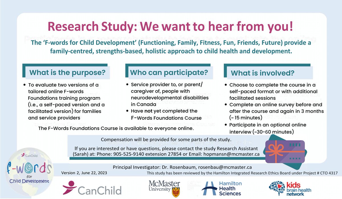 Are you a service provider to, or a family member (parent/caregiver) of, someone with a developmental concern in Canada? If so, we invite you to be part of our F-Words Foundations Course study! Contact Sarah, hopmansn@mcmaster.ca, for more information. #childdevelopment