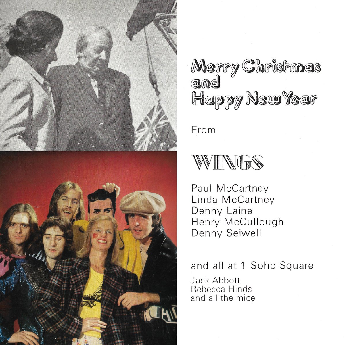 Wings' holiday card found in our AP archives. Top left portrait features Edward Heath, a previous British prime minister, as famously referenced in #TheBeatles' “Taxman.' “Why is Edward Heath in this photo? I’m puzzled. Ha, McCartney must have been having some fun here!” ~Alan