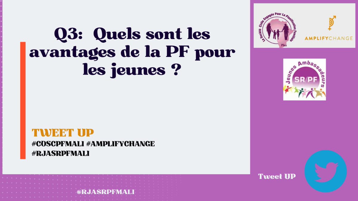 RJASRPFMALI's tweet photo. Q3: Quels sont les avantages de la PF pour les jeunes ?

#OSCPFMALI
#RJASRPFMALI
#AMPLIFYCHANGE https://t.co/WOw6IT1qUa