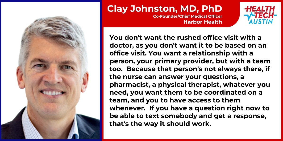 HealthAtHarbor's tweet image. We're honored our Co-Founder and Chief Medical Officer Dr. Clay Johnston was included in @HealthTechATX list of most memorable quotes of 2023. Come co-create health with our team in 2024! #primarycarephysician #harborhealth #healthteam #primarycare #specialtycare