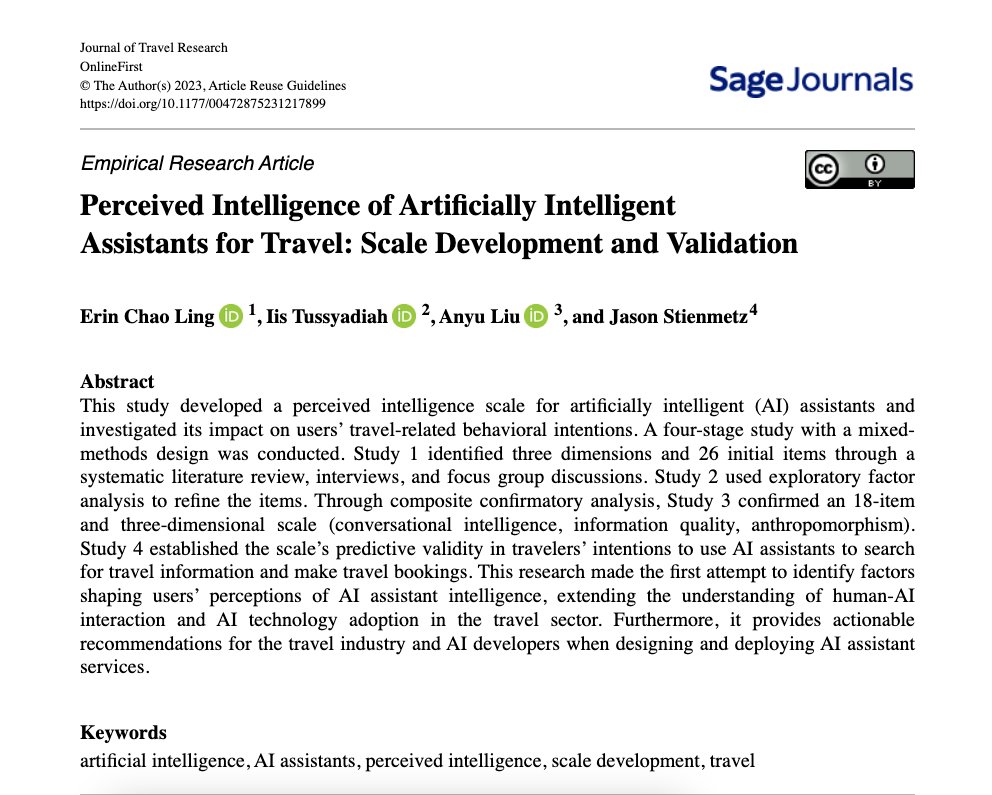 Ever wondered what makes interactions with AI assistants truly intelligent in the travel domain? Check out our paper, “Perceived Intelligence of AI Assistants for Travel: Scale Development and Validation”, now published in the Journal of Travel Research.
shorturl.at/yCFQ5