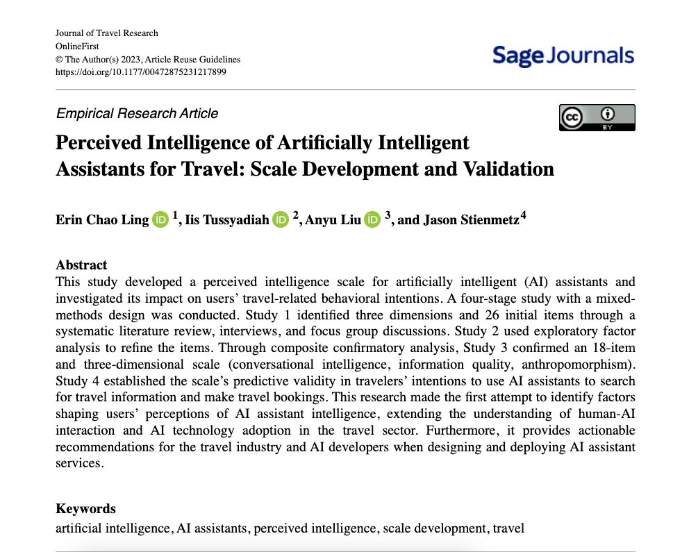 Ever wondered what makes interactions with AI assistants truly intelligent in the travel domain? Check out our paper, “Perceived Intelligence of AI Assistants for Travel: Scale Development and Validation”, now published in the Journal of Travel Research. shorturl.at/yCFQ5