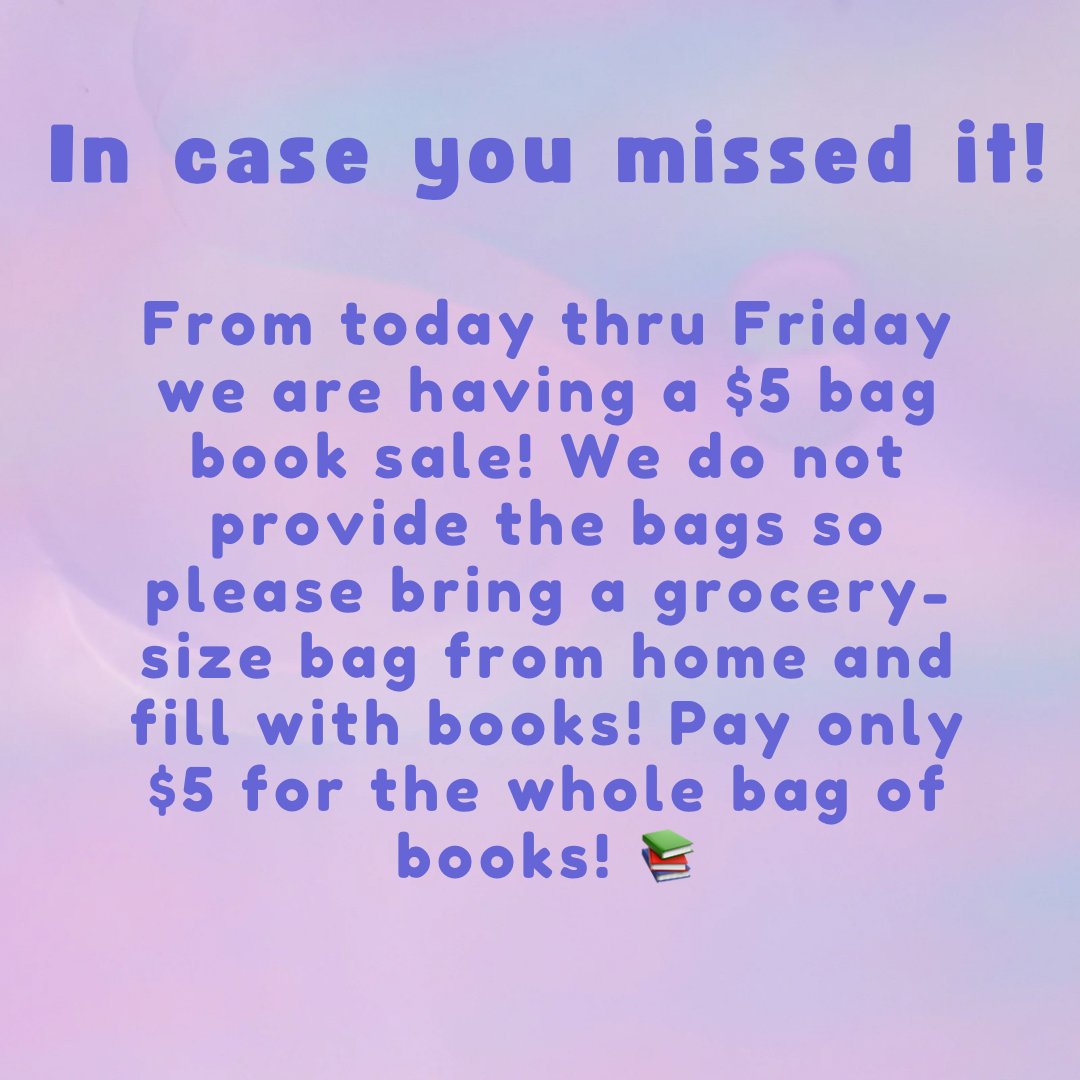 seafordlibrary's tweet photo. In case you missed it, we are having a book bag sale where you bring your own bag (please be mindful of the size of the bag) to fill with books! The whole bag will be $5.00!! 📚 https://t.co/U5Q60t6Zd3