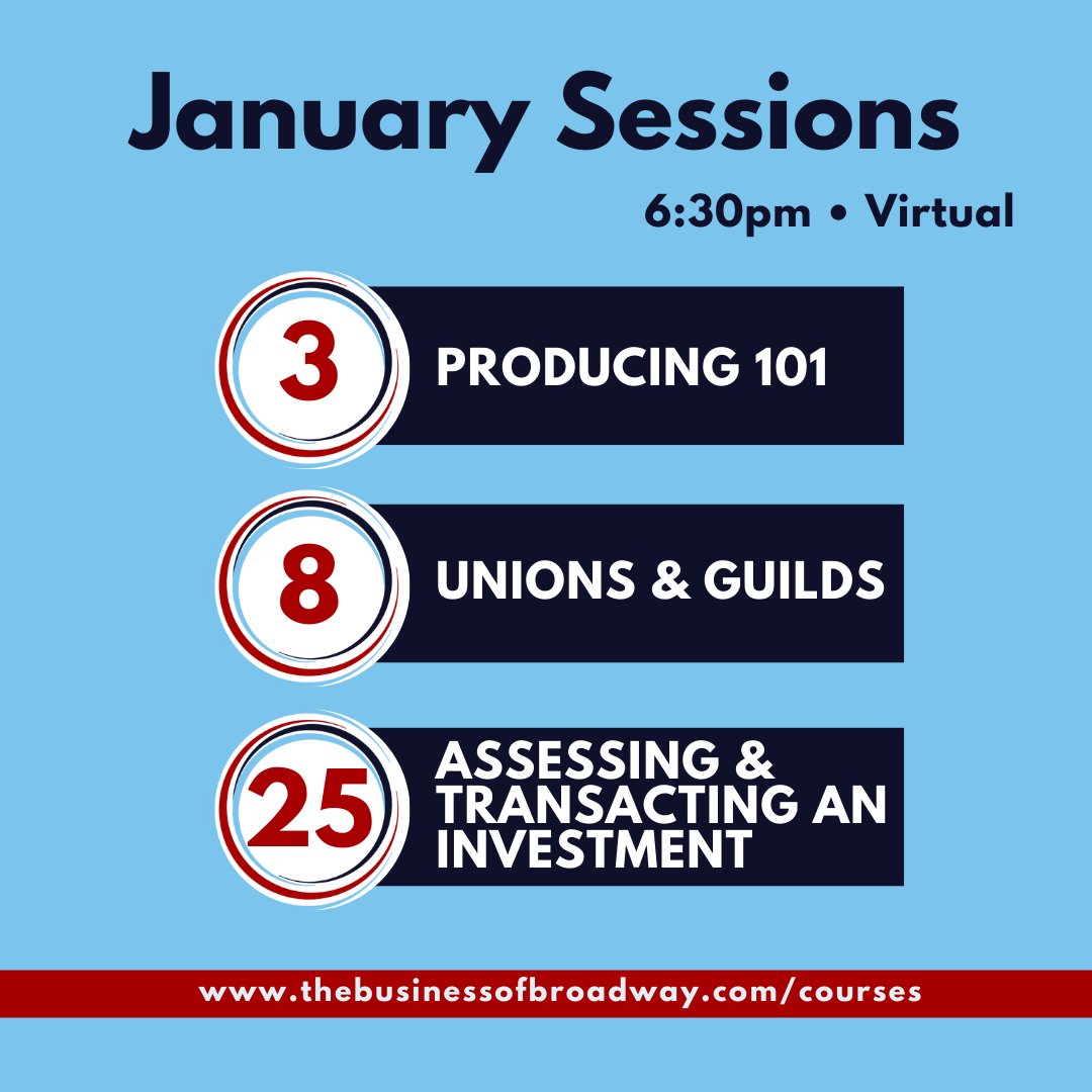 BizOfBway's tweet photo. πGet a head start on your producing journey in 2024 with a #BizOfBway class! Join us tonight for our first class of 2024 at 6:30 pm EST! In #Producing101, the goal of this course is to demystify the process of creating and producing a Broadway show, https://t.co/pBYQ40hIMO