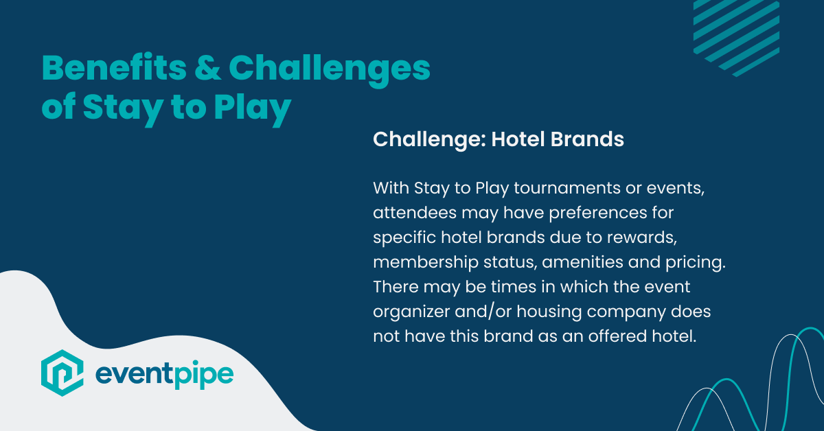 GetEventPipe's tweet photo. Next up on #BenefitsAndChallengesOfStayToPlay, let's explore this challenge: hotel brands.
With #StayToPlay tournaments or events, attendees may have preferences for specific hotel brands, but the event organizer or housing company doesn't have this brand as an offered hotel. 🏨 https://t.co/Ck8yFC1LgY