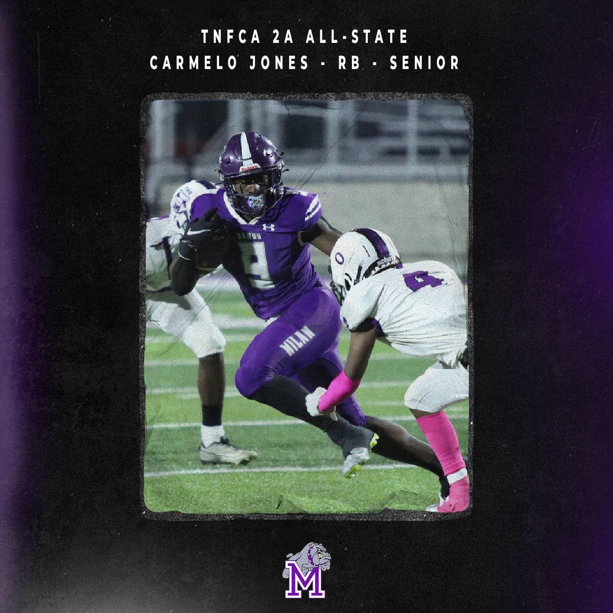 MilanBulldogFB's tweet photo. Congrats to @CarmeloJones19  on being named to the @TFCAFootball 2A All-State team!

#DAWG https://t.co/Bg7a24iHnO