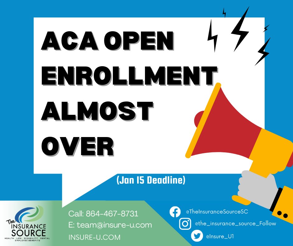 ACA Open Enrollment is in its final stretch, and time is running out.  Don't miss the chance to secure your healthcare coverage!

📅 Coverage Start Date: Feb 1

INSURE-U 

Get Quote Online: Insure-u.com (Insure-u.com) 
Or Call (864) 467-8738