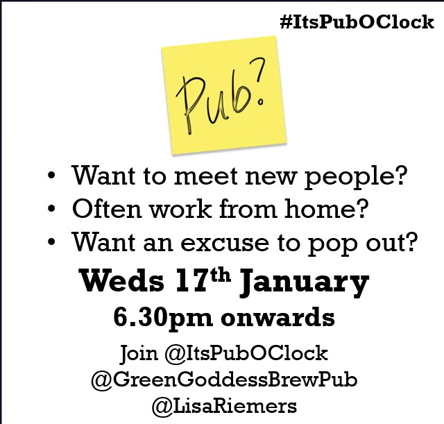 Want to meet new people? Often work from home? Want an excuse to pop out? Join us in the pub in SE London. 

Thurs 4th January @RustyBucketPub in Eltham SE9 
Weds 17th January @GreenGoddessPub in SE3

6.30pm onwards, drop in or stay all evening 
#GreenwichHour #ItsPubOClock