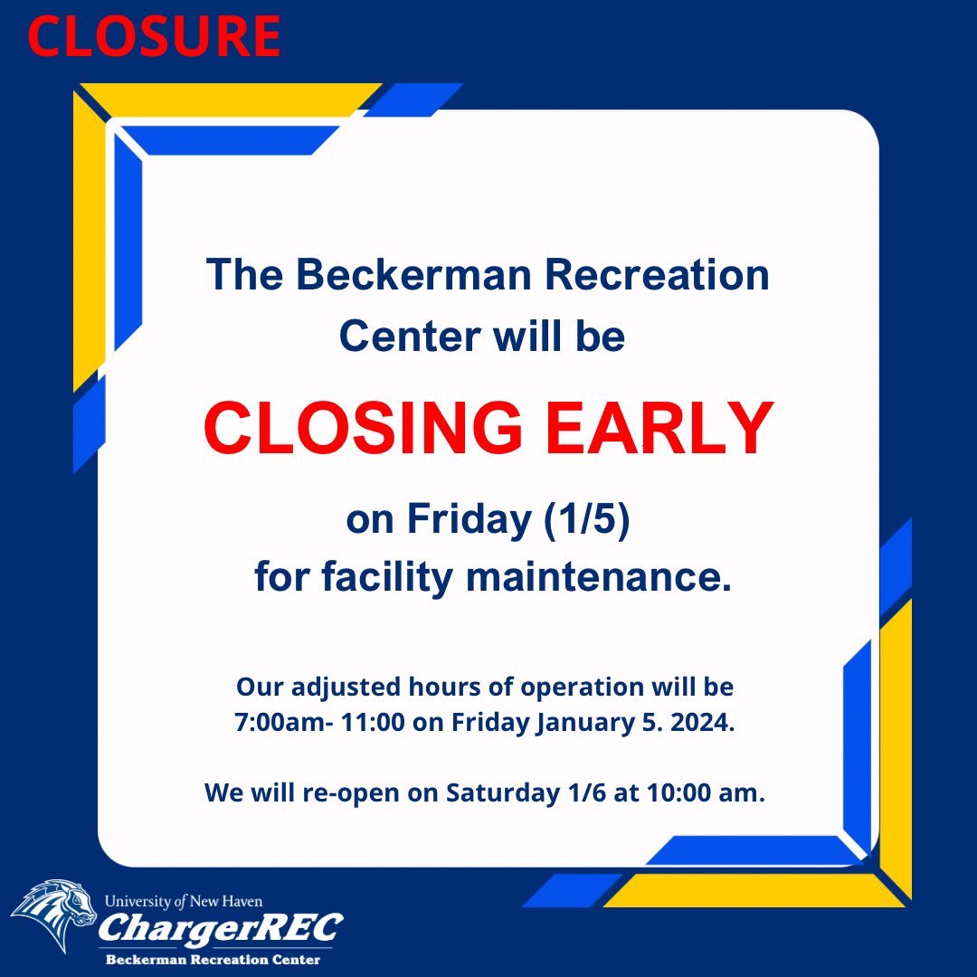 🚨Due to facility maintenance, the Beckerman Recreation Center will have adjusted hours of operation 7:00am - 11:00am on Friday, January 5, 2024.  We will re-open on Saturday 1/6 at 10:00am.