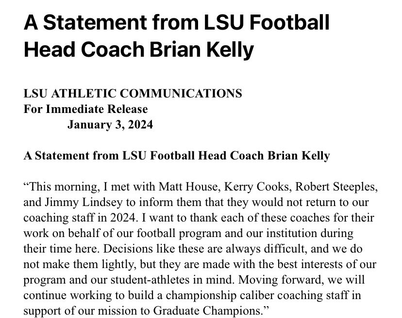 JacquesDoucet's tweet photo. BREAKING - @LSUfootball @CoachBrianKelly confirms he his overhauling the #LSU defensive staff. Matt House, Kerry Cooks, Robert Steeples and Jimmy Lindsey have all been let go. https://t.co/IYFRgLKO0g https://t.co/ng1O5HCjmT