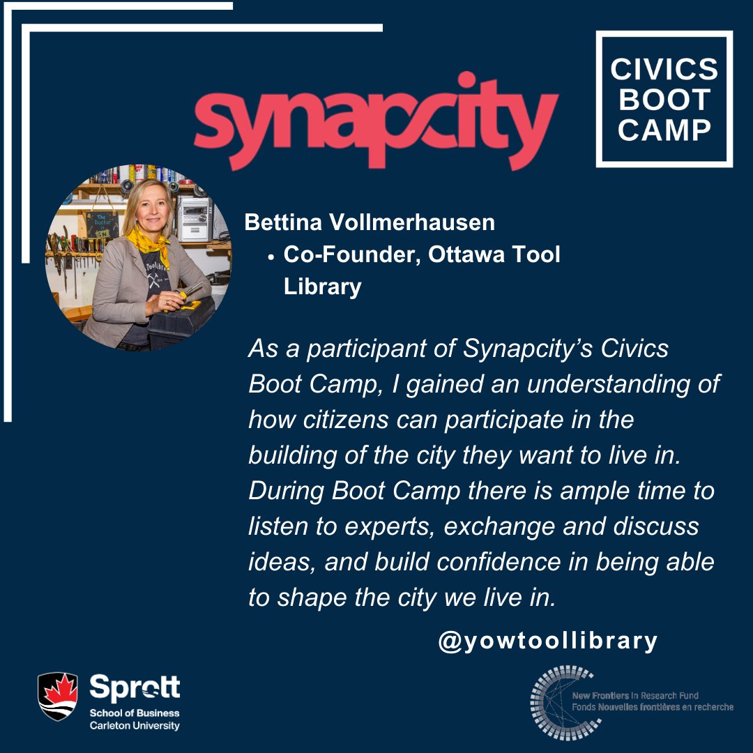 Continuing on with our Civics Boot Camp Testimonial Series: Big thanks to Bettina Vollmerhause, co-founder of the Ottawa Tool Library for her kind words. The program is still taking applications until 12 noon on Friday! Apply here: synapcity.ca/boot-camp/ @yowtoollibrary