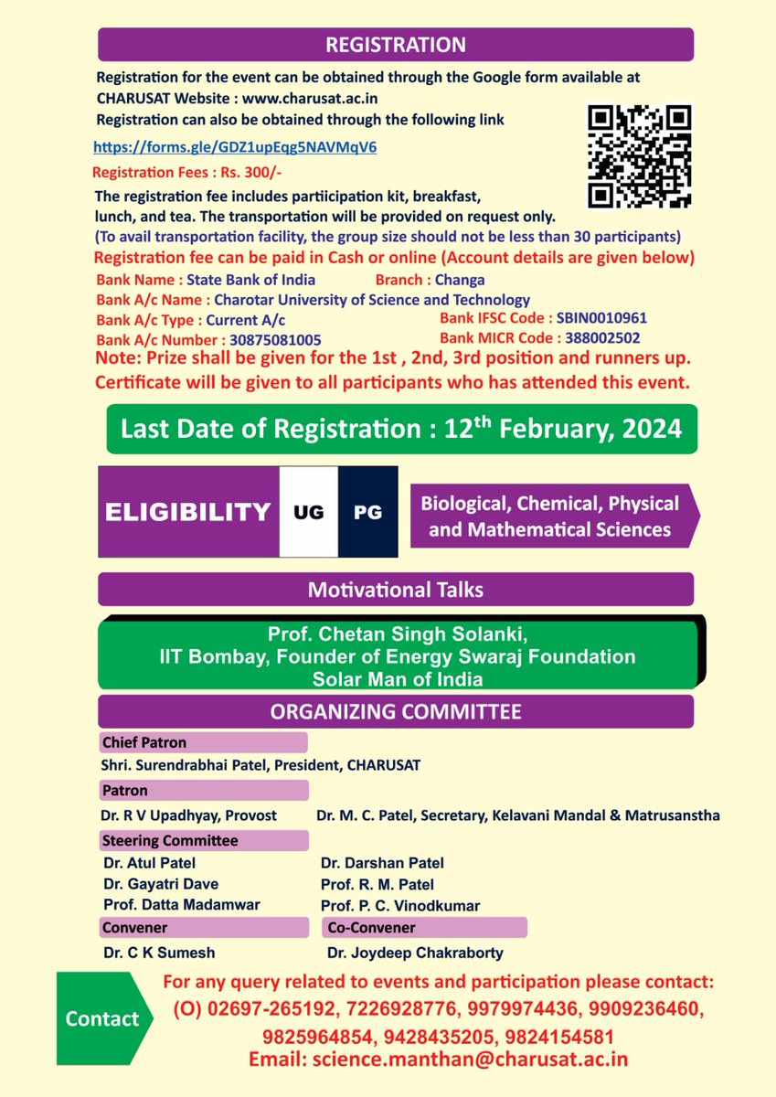 PDPIASCHARUSAT1's tweet photo. The date of this year's "Science Manthan 2024" is scheduled for Saturday, February 17, 2024. The purpose of the event is to instill a scientific temper in science undergraduate and postgraduate students. https://t.co/Qduf2HSuIC