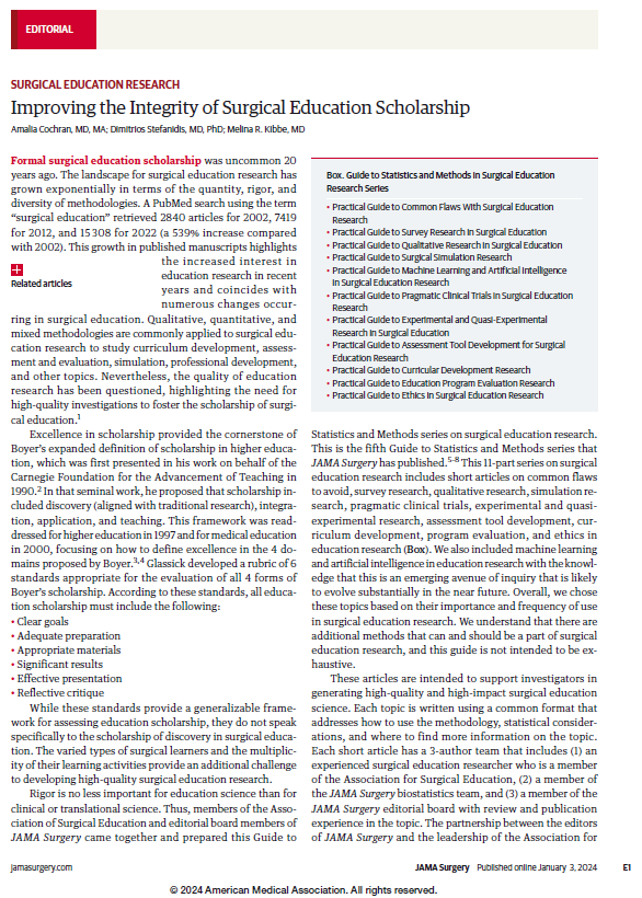 JAMA Surgery (@jamasurgery) on Twitter photo JAMA Surgery partnered with <a href="/Surg_Education/">Association for Surgical Education</a> to create this Guide to Statistics and Methods in Surgical Education Research. @AmaliaCochranMD, <a href="/dstefanidis1/">Dimitrios Stefanidis</a>, and <a href="/kibbemr/">Melina Kibbe</a> introduce the collection. ja.ma/3NQid1F JAMA Surgery partnered with <a href="/Surg_Education/">Association for Surgical Education</a> to create this Guide to Statistics and Methods in Surgical Education Research. @AmaliaCochranMD, <a href="/dstefanidis1/">Dimitrios Stefanidis</a>, and <a href="/kibbemr/">Melina Kibbe</a> introduce the collection. ja.ma/3NQid1F