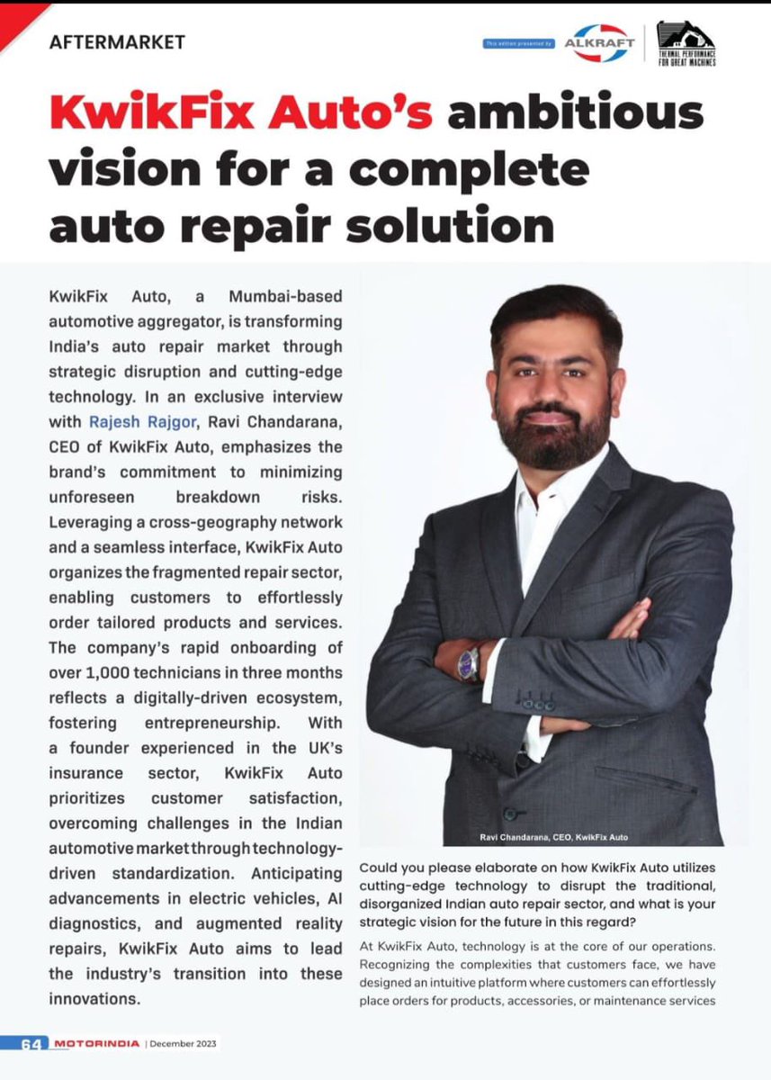 kwikfixindia's tweet image. Grateful to MOTORINDIA for showcasing our startup journey in their esteemed auto magazine. This recognition fuels our determination to tirelessly offer doorstep car repair services, addressing the auto repair needs in India with utmost dedication and innovation.

#KwikfixAuto