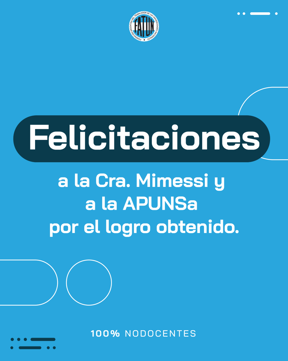 fatunoficial's tweet photo. Felicitamos a la APUNSa y a su Sec. Gral Cra. Stella Mimessi por el arduo trabajo y logro obtenido, en referencia a la solicitud por parte del personal NODOCENTE en relación a la derivación de sus aportes a OSFATUN. #salta #osfatun #merkis #merkisconduccion #apunsa https://t.co/r9jpS0yKZi