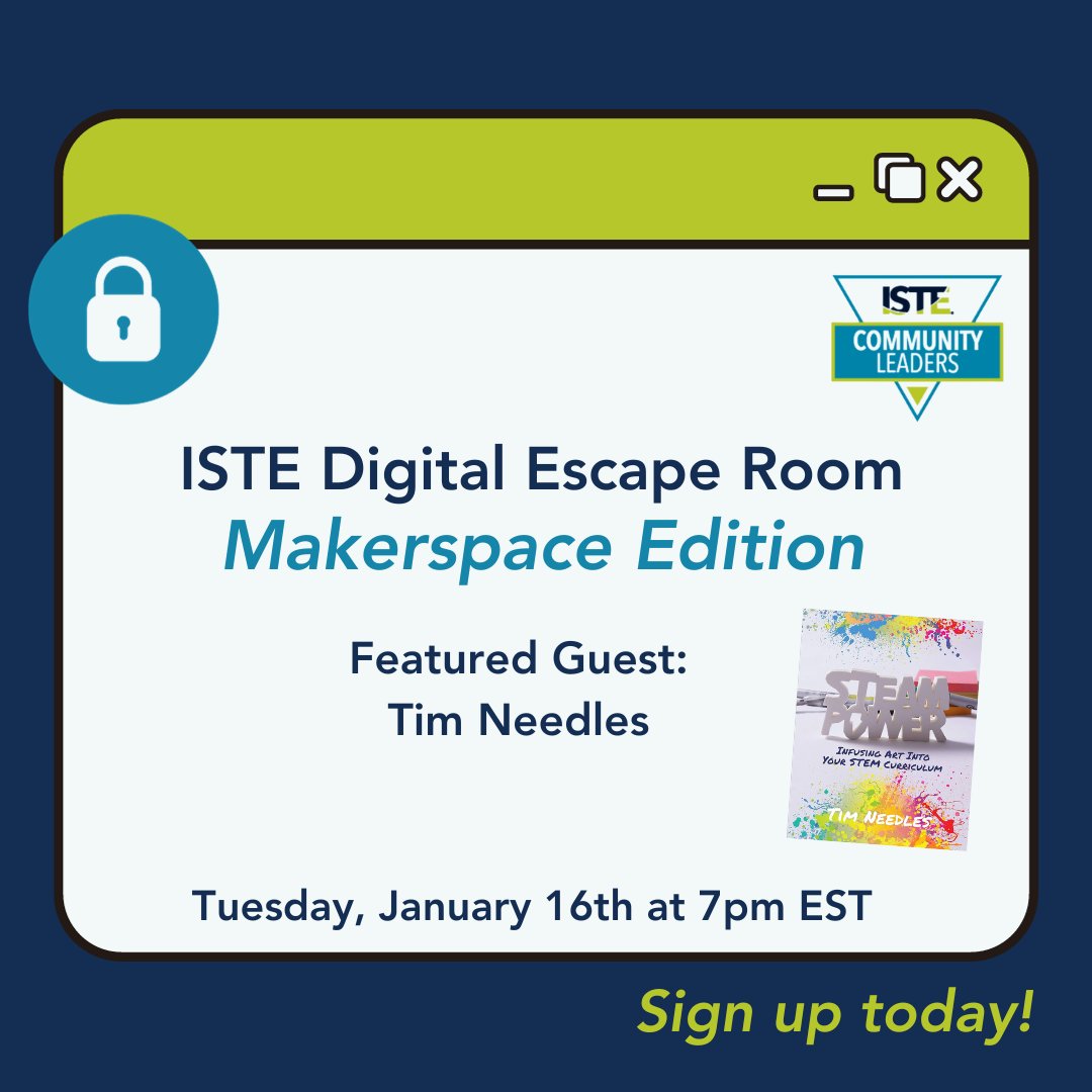 ⚙️Get ready to dive into the world of Makerspaces & STEAM concepts! Join me & fellow @ISTECommunity Leaders: @amanda_d_nguyen, @MrsKannekens, @MaggieP_AT, @ektedtech, @gimmym on Jan 16th at 7pm EST, along w/our featured guest @timneedles!🎨@ISTEofficial 🔗 bit.ly/MAKERsignup