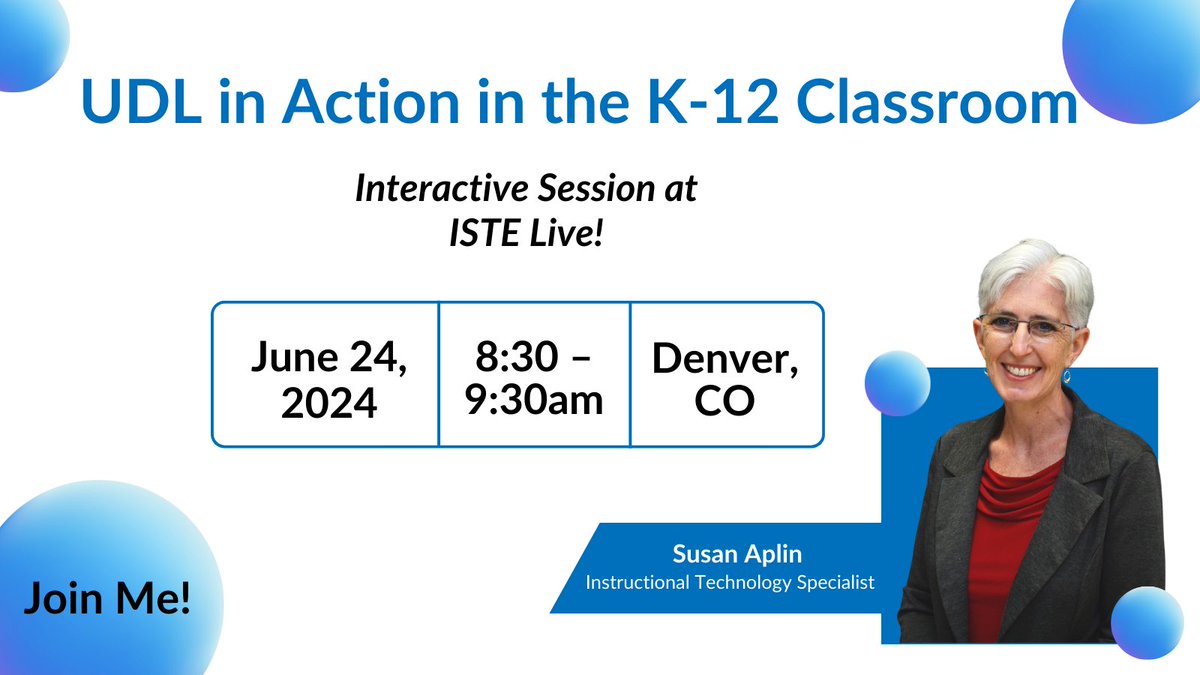 AplinEDU's tweet photo. Excited to announce I'll be presenting at @ISTEofficial conference this summer!
Can't wait to share "UDL in Action in the K-12 Classroom" with educators from around the world!
#ISTELive @NovakEducation #UDL #UDLinD5 https://t.co/I0w5b8dH3j