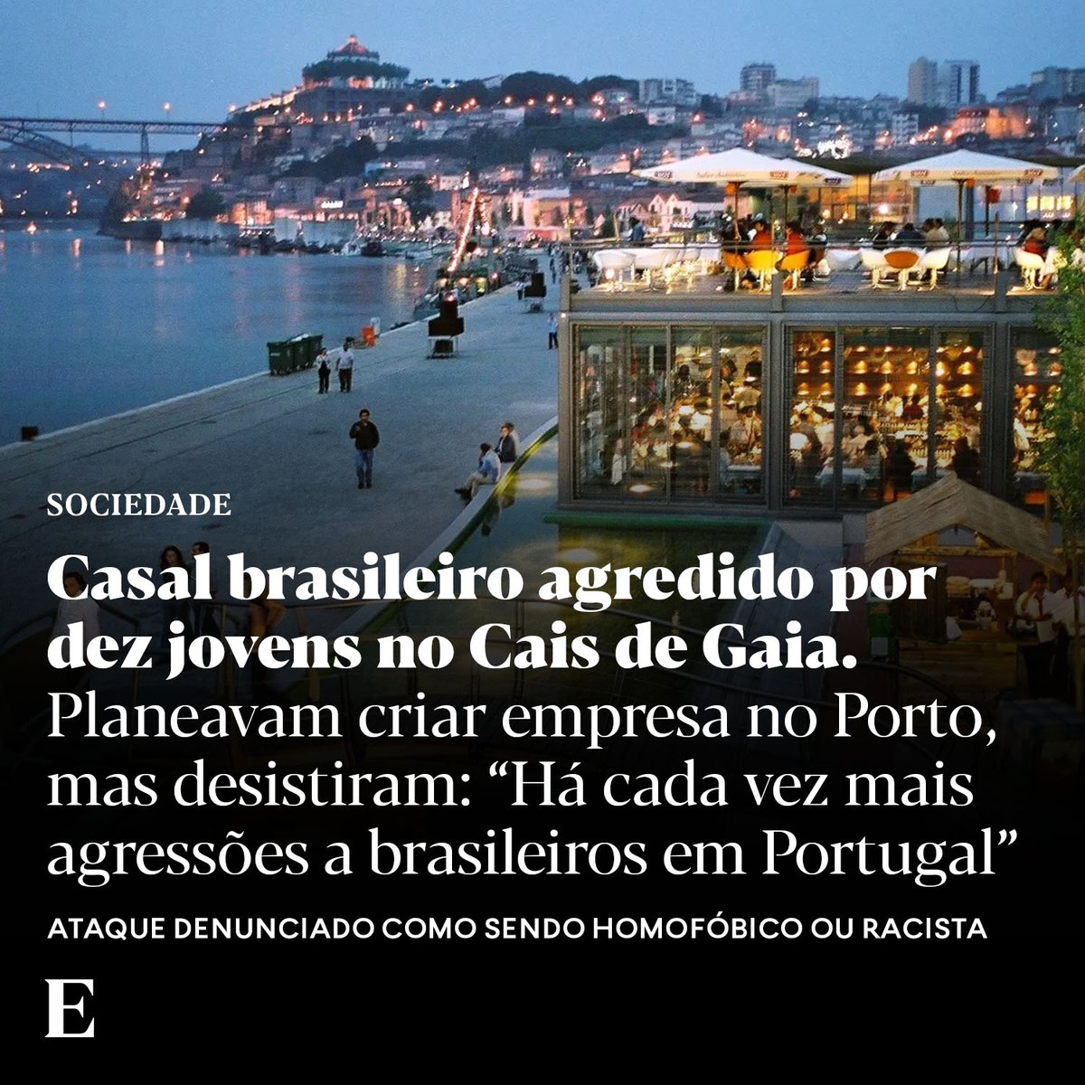 expresso's tweet photo. Dois brasileiros de sexo masculino, que tinham a intenção de se estabelecer no Porto, foram agredidos com murros e pontapés por um grupo com cerca de dez jovens no Cais de Gaia, na madrugada de sábado, 30 de dezembro.

Saiba tudo o que aconteceu: https://t.co/e1xMpFSiag

📷 D.R. https://t.co/VLsIggOg9u