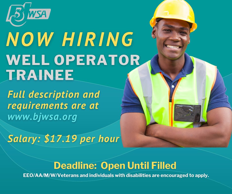 BJWSA is hiring for the position of Well Operator Trainee. Apply online at bjwsa.org/214/Employment.