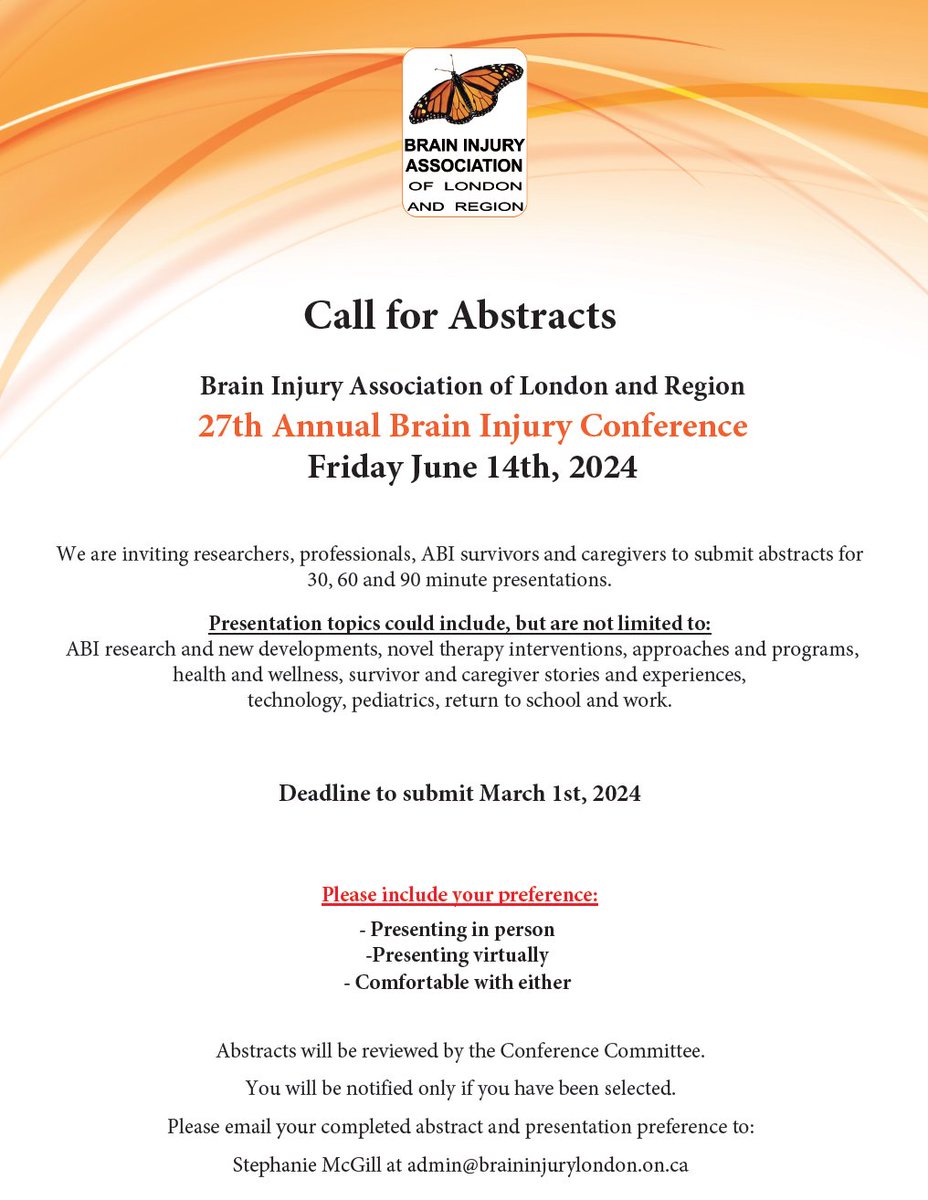 📌 Save the date!
Annual Brain Injury Conference - Friday June 14th, 2024 at the Goodwill Community Store. Abstracts submissions are now being accepted! 
Contact admin@braininjurylondon.on.ca for more information.