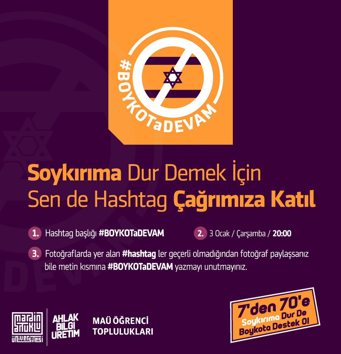 1. Hashtag başlığı #BOYKOTaDEVAM
2. 3 Ocak / Çarşamba / 20:00
3. Fotoğraflarda yer alan #hashtag ler geçerli olmadığından fotoğraf paylaşsanız bile metin kısmına #BOYKOTaDEVAM yazmayı unutmayınız.