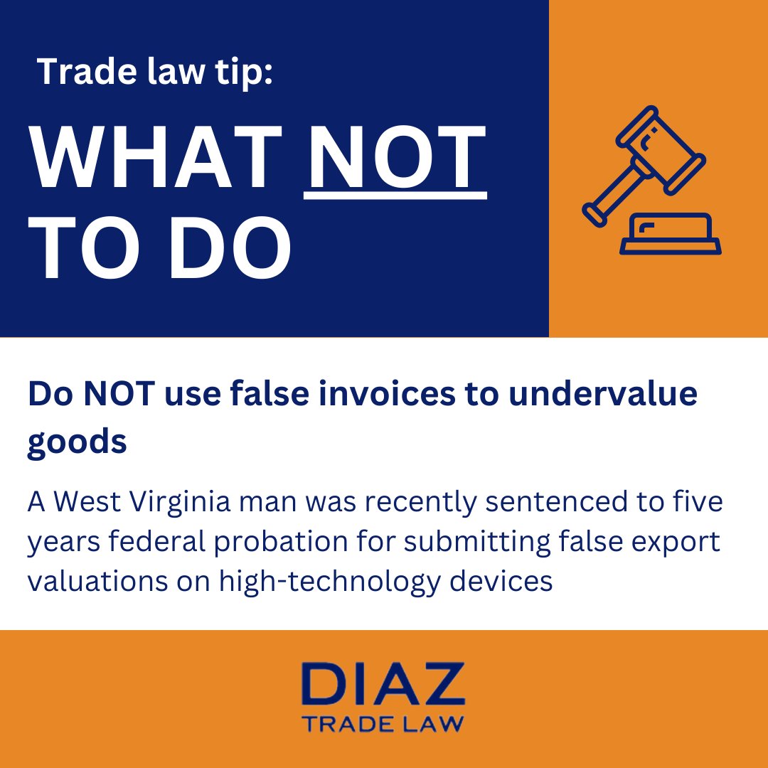 At sentencing, BIS stated: “Today’s sentencing sends a clear signal that knowingly submitting false export information to evade U.S. export controls will not be tolerated.” 
 
Have questions on your invoices? DTL can help. 
 
#trade #tradelaw #tradelawyer #lawyer #diazlaw