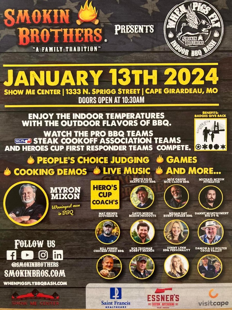 BuyMissouri's tweet image. On January 13th, @Smokin_Brothers will kick off the 4th annual #WhenPigsFly Indoor BBQ Bash in Cape Girardeau, where competitors will cook on #BuyMO member, Smokin Brothers, Inc., Missouri-made grills.

Visit smokinbrothers.com/when-pigs-fly-… to get your tickets and for more information.