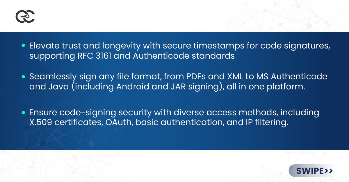encryptioncons's tweet photo. Experience seamless protection against unauthorized modifications, malware, and supply chain threats with CodeSign Secure. 

https://t.co/7HkYEdK7qD

#CodeSign #CodeSigning #HSM #SupplyChain #CABrowserForum #Compliance #WindowsSigning #DockerSigning #CICDPipelines #CICDPipeline https://t.co/nfTRWjQkLR