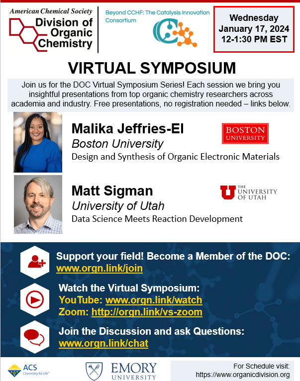 BagPhos's tweet photo. Only 2 weeks away! Jan 17th!  12pm - 1:30pm (ET)
Join us for the next @ACSorganic Virtual Symposium with Prof. Malika Jeffries-El @Chem_Diva and Prof. Matt Sigman @Sigman_Lab 

YouTube: https://t.co/Mwjsg4XCBL  
Zoom:  https://t.co/cK4i45Lf2h https://t.co/CSw2SHzf0j