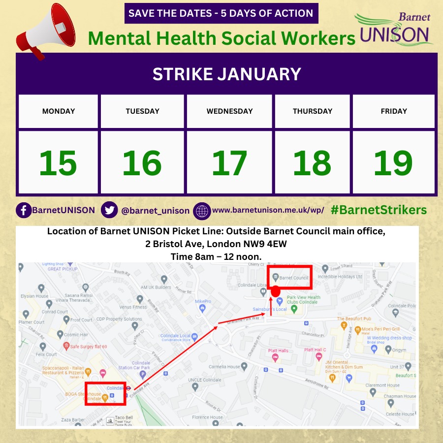 7 things you can do to support Barnet Mental Health social worker strikers
barnetunison.me.uk/wp/2024/01/02/…
<a href="/UoLUnison/">LeedsUniUnison</a> <a href="/CityUnison/">UNISON @ City St George's University</a> <a href="/SOASUNISON/">SOAS UNISON</a> <a href="/UNISONmmu/">UNISON Manchester Met</a>
<a href="/organiserjo/">Jo Galloway</a> <a href="/unisonglr/">UNISON Greater London</a>
<a href="/UNISONSW/">UNISON South West</a> <a href="/NorthWestUNISON/">UNISON North West</a> <a href="/unisonscot/">UNISON Scotland</a>
#CostOfLivingCrisis #EnoughIsEnough