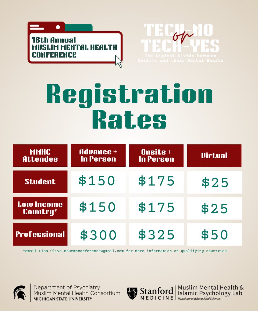 We look forward to seeing you all at the 16th Annual Muslim Mental Health Conference! See more details about cost of attendance on our conference website!

#MMHC2024 #MuslimMentalHealth #IslamicPsychology #MentalHealthConference #California #BayArea