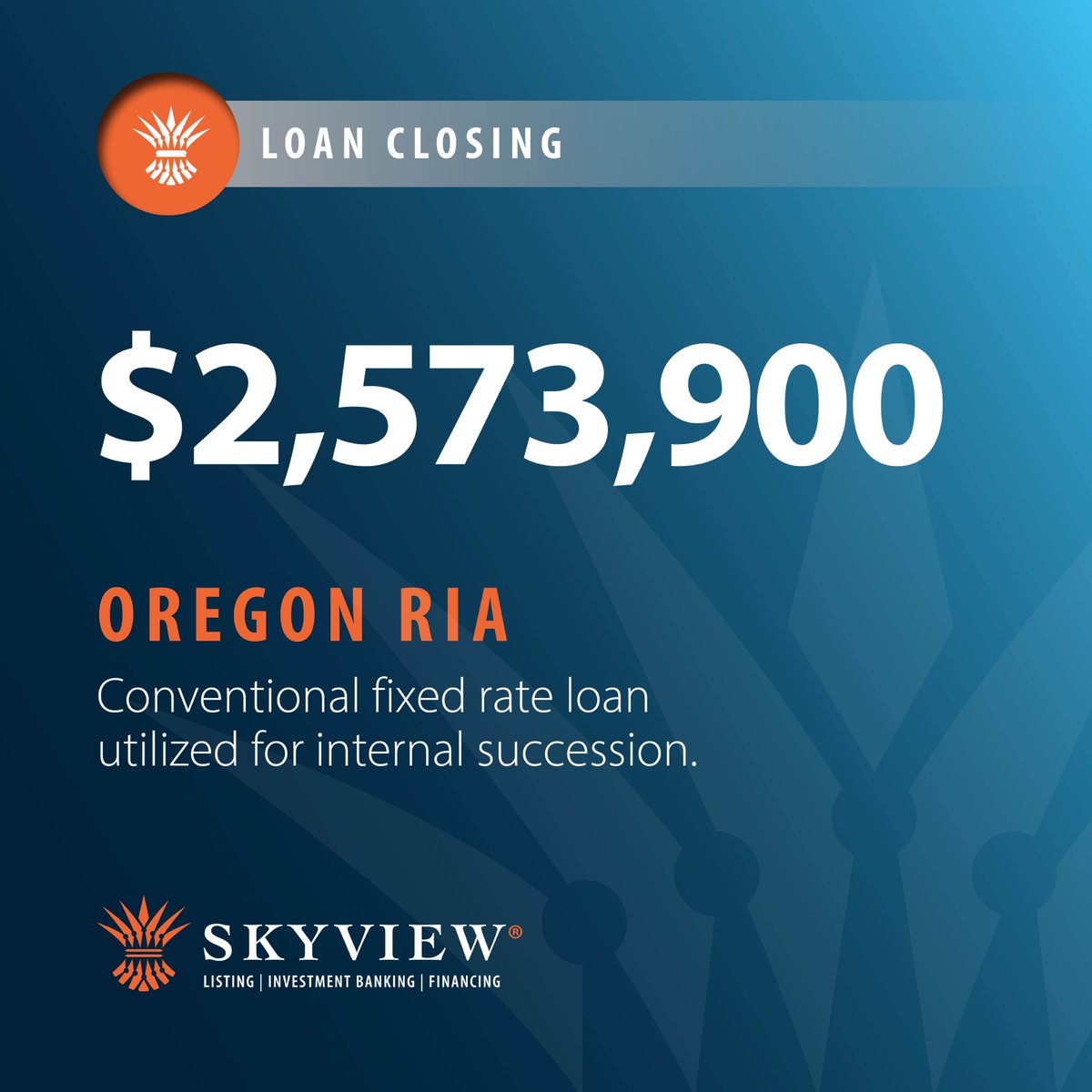adhasler's tweet photo. @SkyViewPartners is excited to announce the successful closing of another loan! This time, an Oregon RIA utilized the loan for internal succession. #successionplanning #RIA #finance https://t.co/LdQnUYLQ4o