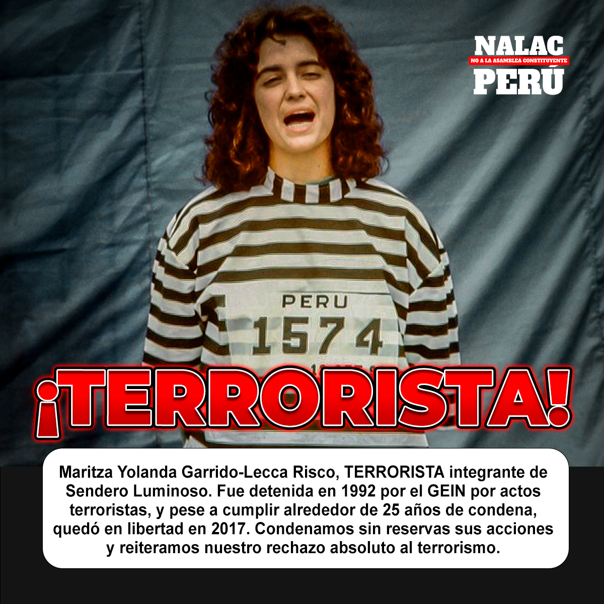 nalacperu2021's tweet photo. 🔴Maritza Yolanda Garrido-Lecca Risco es una mujer que fue miembro de la organización criminal terrorista Sendero Luminoso 🚨 ¡Terrorismo nunca más! https://t.co/I5sARppH2C