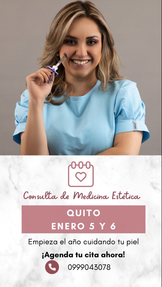 WaBbYmE's tweet photo. Vamos empezando el año con pie derecho y eso significa ponerle cuidado a la salud de la piel. Este 5 y 6 de enero estaré en Quito con los diferentes tratamientos médico estéticos. Agenden su cita 📲 #Quito #botox #fillers #limpiezasfaciales https://t.co/VyCu5mywsx