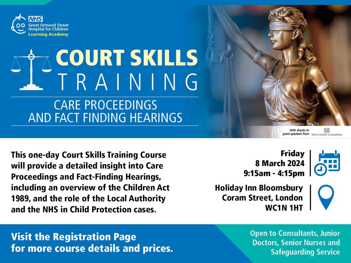 Sign up to attend a unique Court Skills Training Course on 8 March. Gain an insight into Care Proceedings and Fact-Finding Hearings, take part in a statement writing exercise and give evidence at a mock trial. Find out more and book: courses.gosh.org/event/Court_Sk… #NHS #CourtSkills