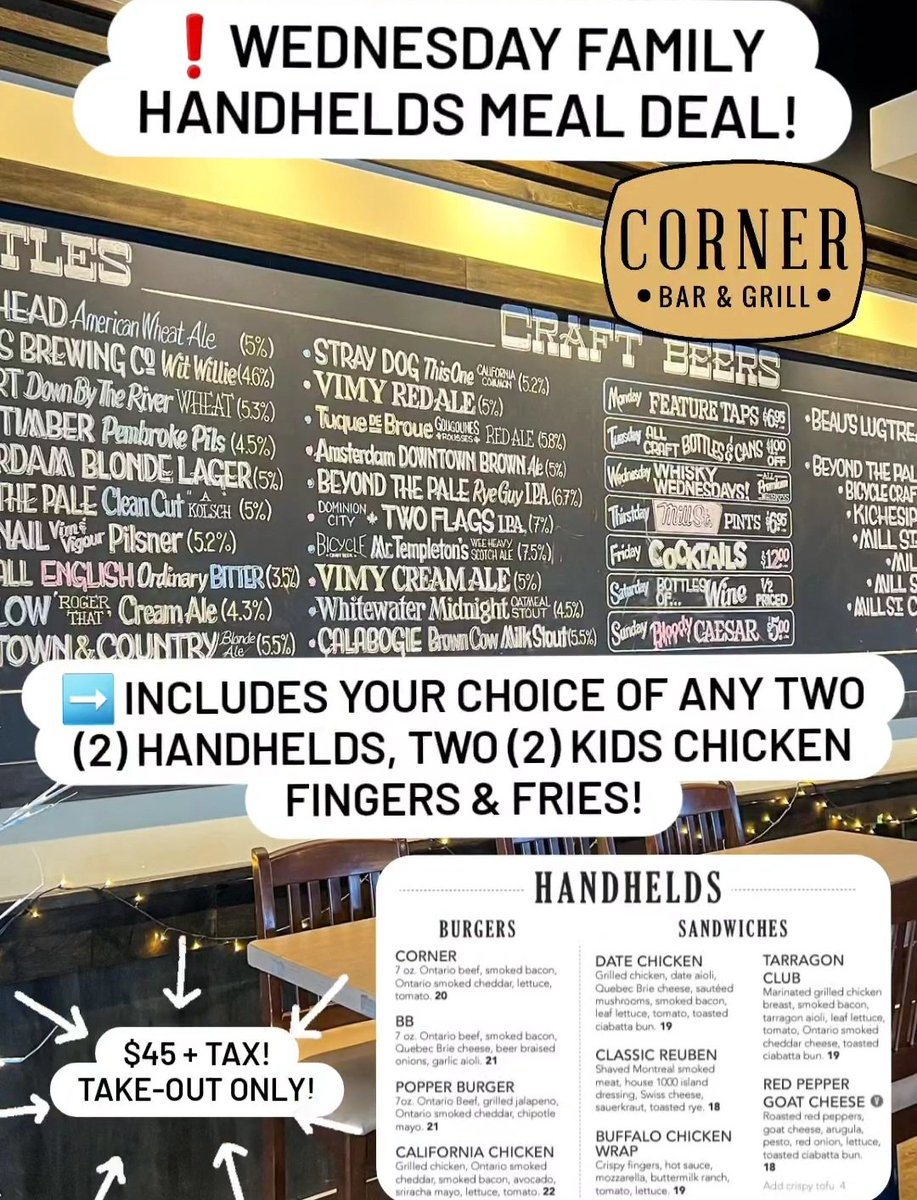Wednesday Family Handhelds Meal Deal!

Your choice of any two (2) handhelds, two (2) kids chicken fingers &amp; fries!

$45 + tax, take-out ONLY and available as of 4pm!

cornerbarandgrill.ca/FamilyBundles/…