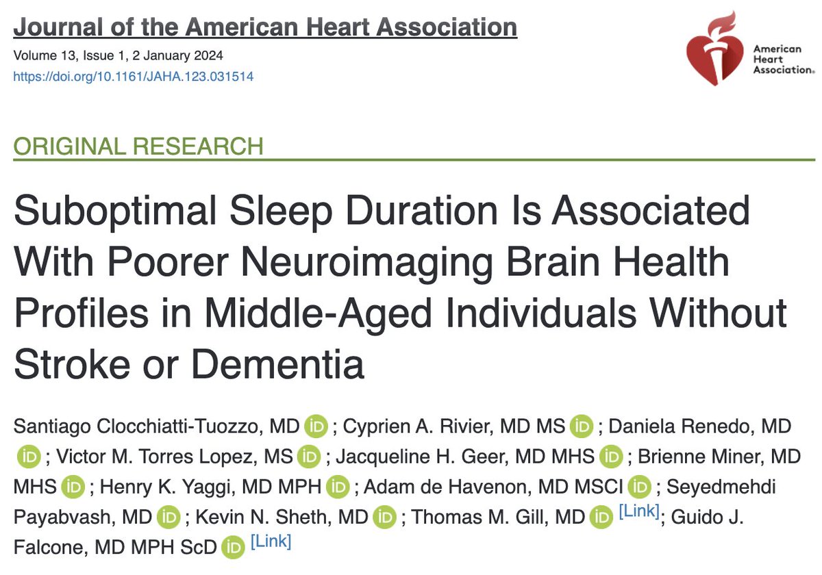 Guido J. Falcone MD, ScD, MPH (@guidofalconemd) on Twitter photo Sleep is becoming a kew player in #BrainHealth. In this work lead by <a href="/SanticlocMD/">Santiago Clocchiatti-Tuozzo, MD, MHS</a>, we show that suboptimal sleep associates with asymptomatic brain changes.
More to come on this front soon!
ahajournals.org/doi/10.1161/JA…
<a href="/YaleMed/">Yale School of Medicine</a> <a href="/NeurologyYale/">Yale Neurology</a> <a href="/YaleNeuroICU/">Yale Neurocritical Care</a> <a href="/Yale_OAIC/">Yale Pepper Center</a> #neurotwitter Sleep is becoming a kew player in #BrainHealth. In this work lead by <a href="/SanticlocMD/">Santiago Clocchiatti-Tuozzo, MD, MHS</a>, we show that suboptimal sleep associates with asymptomatic brain changes.
More to come on this front soon!
ahajournals.org/doi/10.1161/JA…
<a href="/YaleMed/">Yale School of Medicine</a> <a href="/NeurologyYale/">Yale Neurology</a> <a href="/YaleNeuroICU/">Yale Neurocritical Care</a> <a href="/Yale_OAIC/">Yale Pepper Center</a> #neurotwitter
