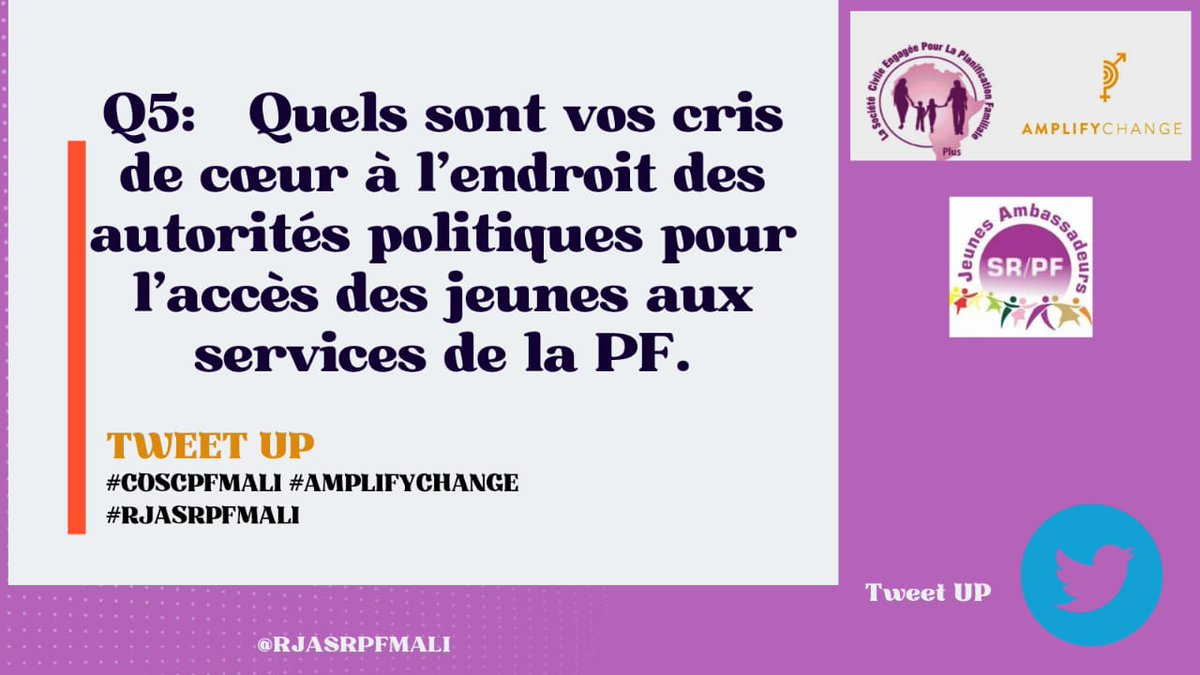 RJASRPFMALI's tweet photo. Q5: Quels sont vos cris de cœur à l'endroit des autorités politiques pour l'accès des jeunes aux services de la PF?

#OSCPFMALI
#RJASRPFMALI
#AMPLIFYCHANGE https://t.co/GagFa9ukDO