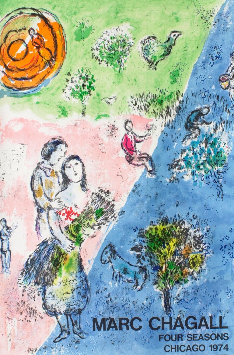 Loving this lithograph by Marc Chagall, which marked the unveiling of his beloved Four Seasons mosaic in Chicago, lyrically and colorfully celebrating the arrival of spring, summer, winter, and fall.