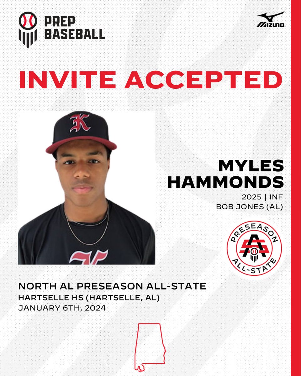 #NALPAS24: 𝐈𝐧𝐯𝐢𝐭𝐞 𝐀𝐜𝐜𝐞𝐩𝐭𝐞𝐝 🎟️ + INF Myles Hammonds (@BJHSBaseball, 2025) is 𝐋𝐎𝐂𝐊𝐄𝐃 𝐈𝐍 🔐 for the North AL Preseason All-State, held on Jan. 6th, 2024 at Hartselle HS. Request an invite below. ⤵️ 🔗: loom.ly/shbMYzw // @MylesHammonds2