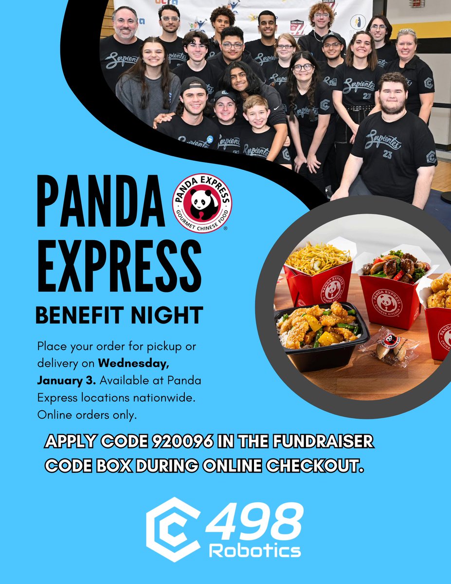 If you are looking for a lunch or dinner option today and want to support Team 498... Look no further! 

Available at all Panda Express locations across the US. 

Just need to order online and use the code 920096 in the box at checkout!

#PeoriaUnifiedPride