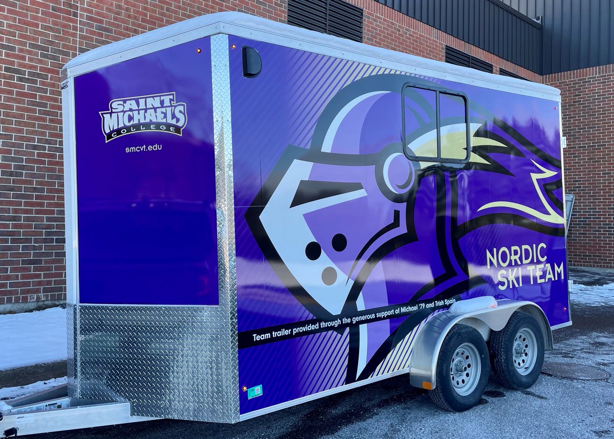 SaintMikesAD's tweet photo. The EISA Carnival circuit begins next weekend, and the @smcathletics Nordic Ski Team is equipped and ready! Big thanks to Michael '79 and Trish Spain, whose generous support made this sharp custom support trailer a reality for the Purple Knights #SkiFast #ThinkSnow #SMCPKs https://t.co/D537azety2